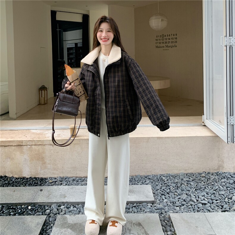 复古格子羊羔毛翻领羽绒服女2025冬季短款加厚面包服宽松保暖外套,女装羽绒服,艾米莉亚