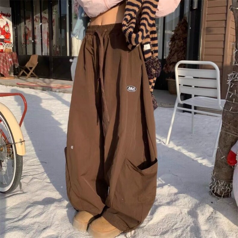 青少年春秋季红复古美式慵懒风口袋阔腿宽松弯刀休闲裤日常图片