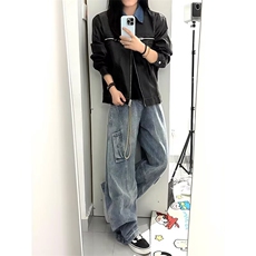 拼接牛仔裤男直筒宽松工装裤子男款新款美式休闲长裤WL5655-P60，男装牛仔裤，星座1008