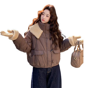 羊羔毛美拉德短款羽绒服女2025冬季新款咖色小个子翻领外套图片