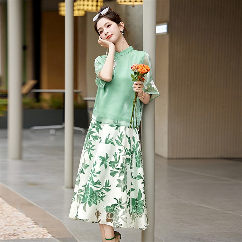 现货2024夏季新款优雅时尚潮流套装/套裙短袖夏季中长款气质,女装连衣裙,然然