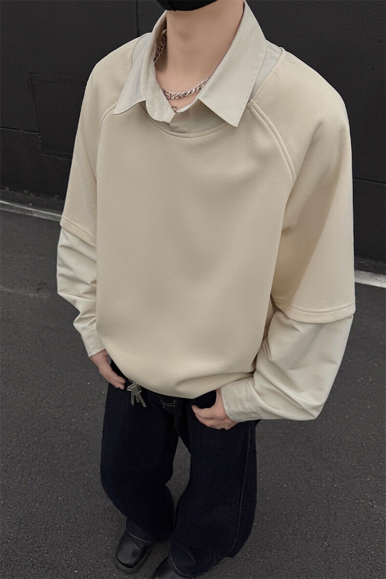 特批P45无差价2025假两件翻领卫衣男女衬衫领宽松潮流上衣W5032,男装卫衣,电商A001-1