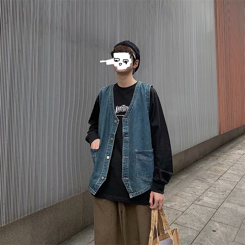 复古港风牛仔马甲男春秋口袋工装坎肩宽松潮流马甲外套XM215-P55,男装工装外套,星座1001-1