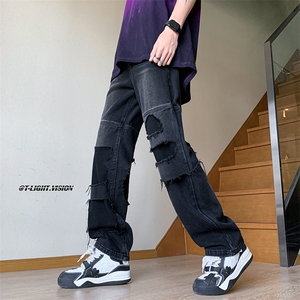 B221 美式ins高街暗黑小众撞色破洞直筒牛仔裤 LK23109-P65 控88图片