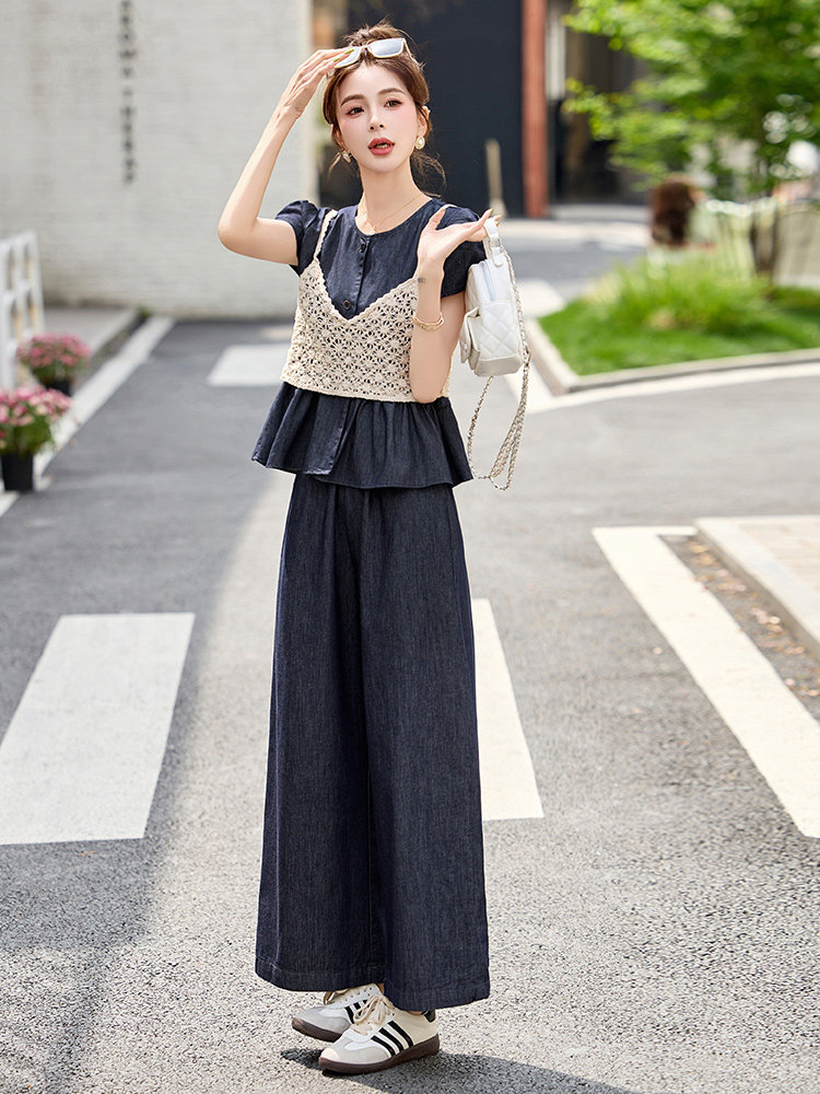 2025夏季水洗牛仔色休闲潮三件套裙减龄今年流行的女装套装,女装套装/套裙,众宇琦