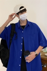 C6042/P35夏款2023新款港风冰丝克莱因蓝衬衣男开衩短袖衬衫控58，男装衬衫，电商A141