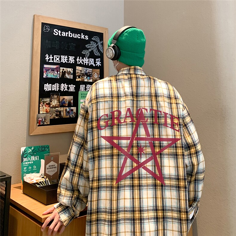港风24春季新款时尚格子ins印花宽松翻领衬衫外套S82P38控58，男装衬衫，电商A247