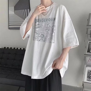 港风T恤男短袖潮流ins宽松圆领半袖情侣款衣服内搭半袖夏季