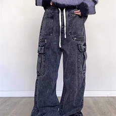 美式复古做旧牛仔裤女早春2025新款春秋款松紧腰宽松工装阔腿裤子，女装休闲裤，星座506A