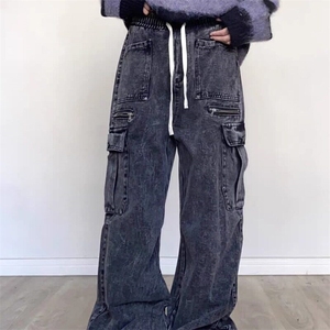 美式复古做旧牛仔裤女早春2025新款春秋款松紧腰宽松工装阔腿裤子图片