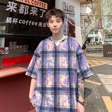 2026夏装美式扎染印花冰丝冰凉格子男五分袖T恤T5508/特P18紫，男装T恤，电商A094