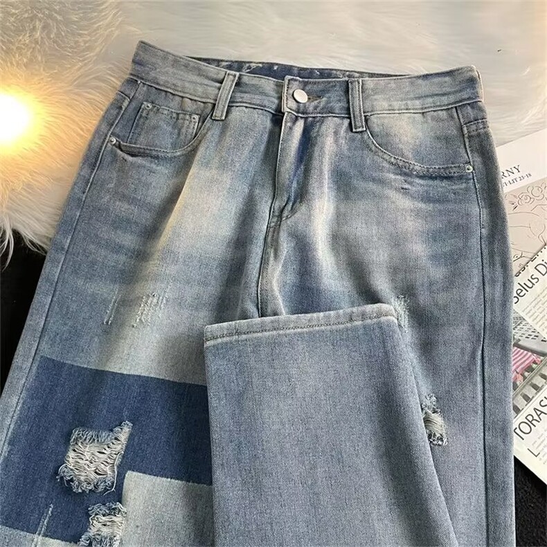 港风复古破洞牛仔裤男高街潮牌炸街潮流宽松休闲痞帅N5017P45图片