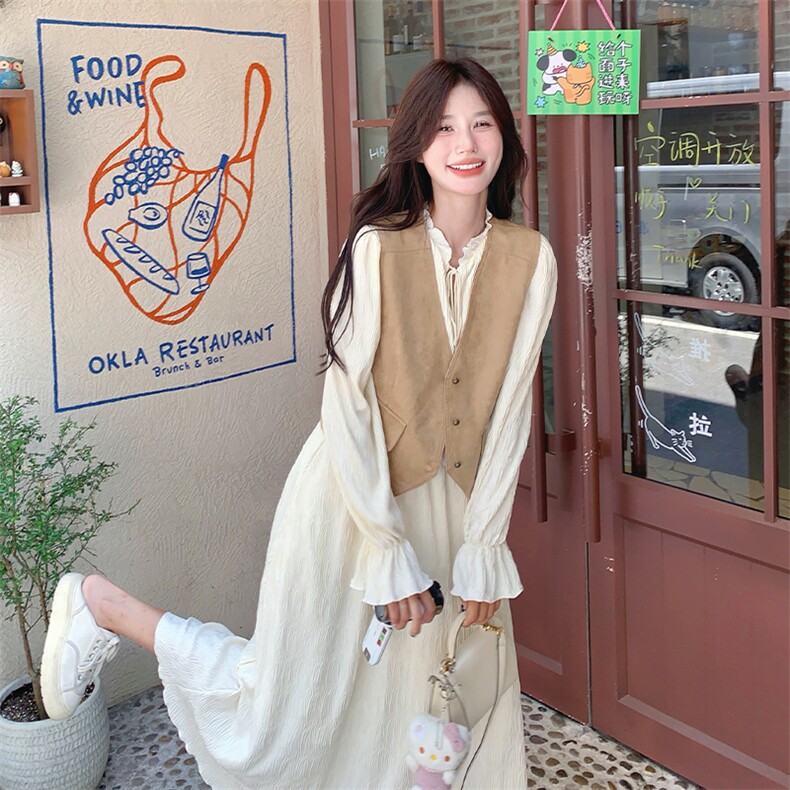 法式浪漫衬衫马甲套装裙女2025年秋季新款高级感甜美长裙两件套潮,女装连衣裙,2C031