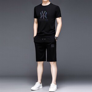 YS-X331夏季男式短袖长裤短裤三件套运动休闲套头修身T恤套装P图片