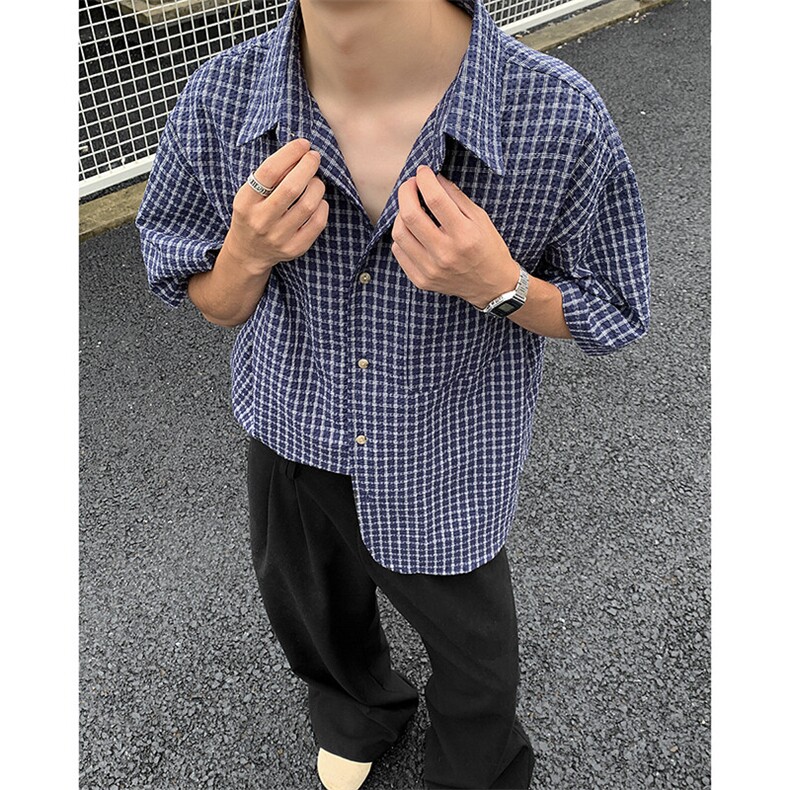短袖男夏季薄款格子衬衫潮牌港风翻领休闲宽松上衣CS41-P40,男装T恤,星座308B-1
