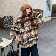 咖色印花羊羔毛连帽羽绒棉服女冬超火好看高级感加厚棉衣棉袄外套，女装毛呢外套，2B190