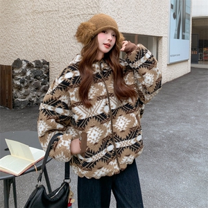咖色印花羊羔毛连帽羽绒棉服女冬超火好看高级感加厚棉衣棉袄外套图片