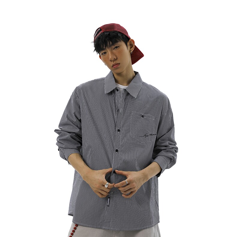 1无影墙刺绣竖条纹设计蓝色大码M-5XL潮流长袖衬衫CS78097P45控68，男装衬衫，星座227-7