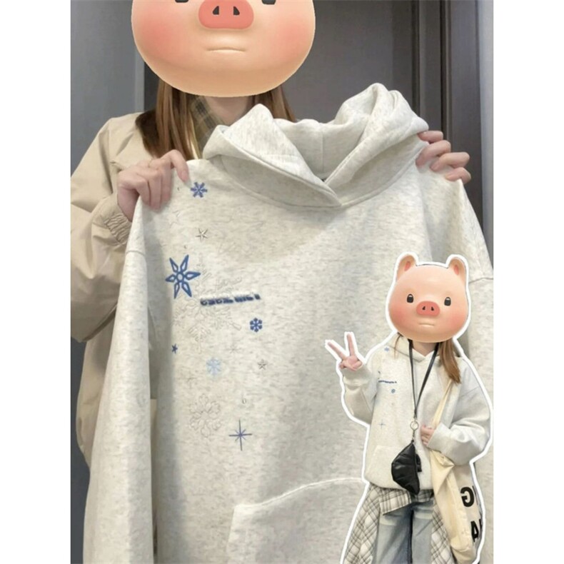W10631-P53加绒58网图现货雪花刺绣连帽卫衣宽松灰色外套,女装短外套,星座1608