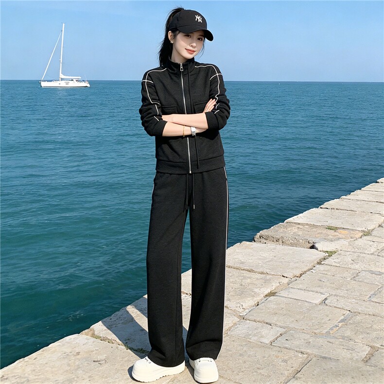 欧货时尚休闲运动套装秋季新款女双口袋立领卫衣直筒长裤两件套潮,女装套装/套裙,江南