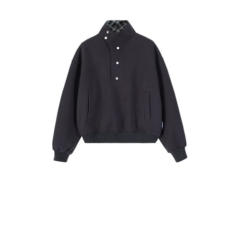 WY842-P55-450克重磅美式中性风纽扣立领卫衣情侣格子拼接外套,女装短外套,星座1811B