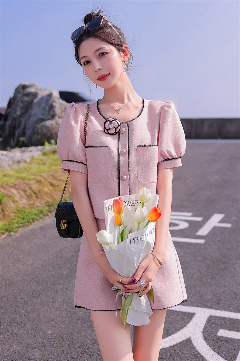 粉色山茶花小香风短裤套装女夏小个子2024新款网红气质名媛两件套,女装套装/套裙,韩蜜菓