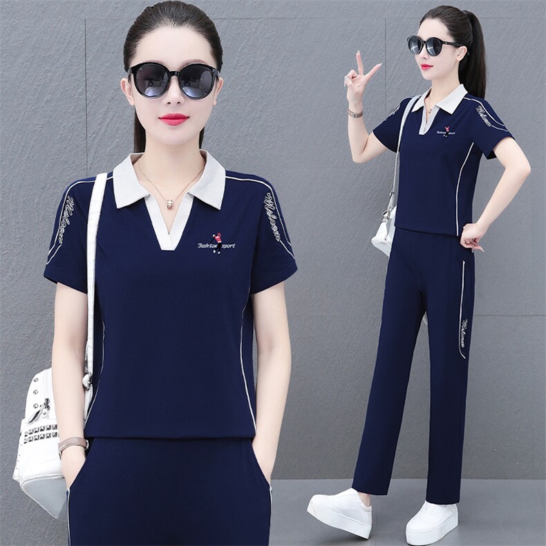 短袖运动套装女2023年夏季新款妈妈装大码休闲时尚宽松洋气两件套,女装套装/套裙,燕颉服饰