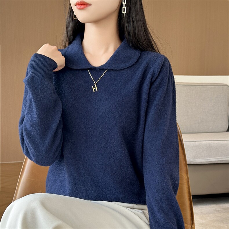 羊毛衫女秋冬翻领宽松套头毛衣娃娃领简约纯色针织打底衫,女装羊毛衫,盛鼎羊绒