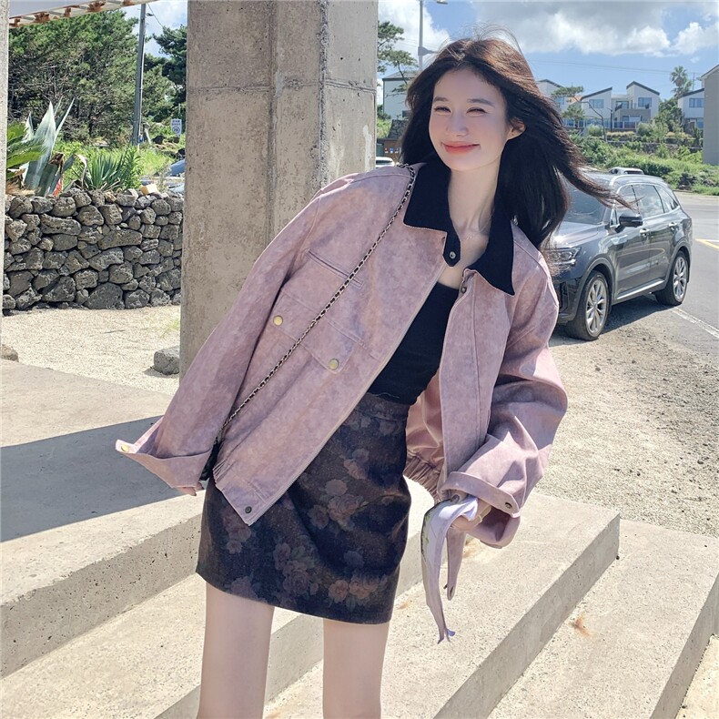 粉色扎染撞色拼接翻领工装外套女2025秋季小个子宽松休闲酷飒夹克,女装短外套,2C113