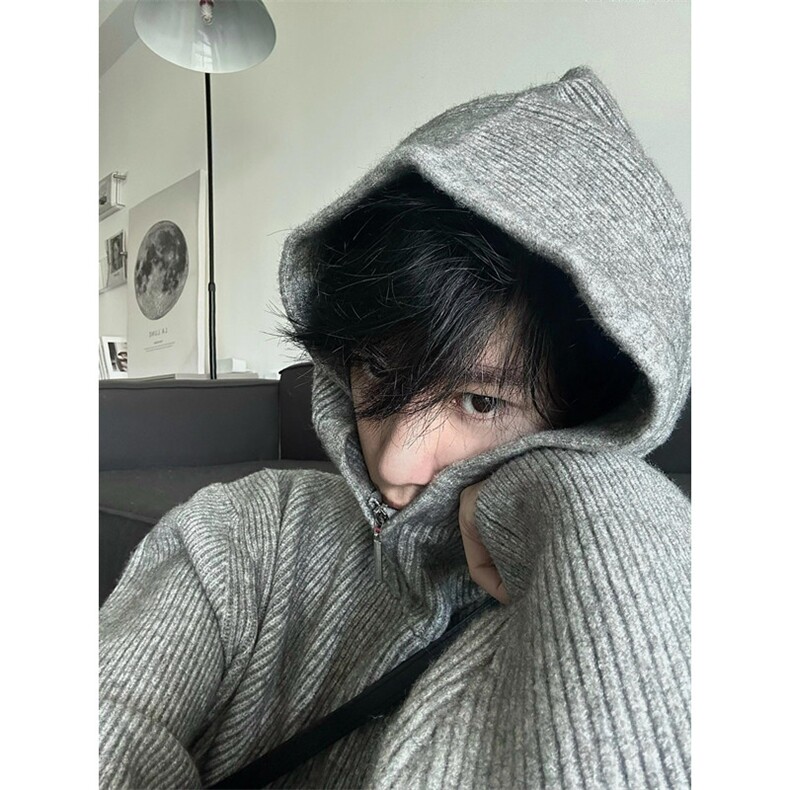 半拉链连帽毛衣男冬季韩版慵懒风针织衫oversize外套潮 M2319图片