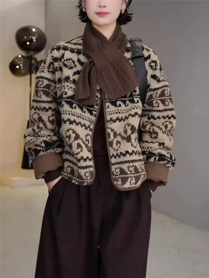 2025年秋季时尚百搭通勤简约休闲费尔岛复古几何印花外套，女装毛呢外套，湘姗