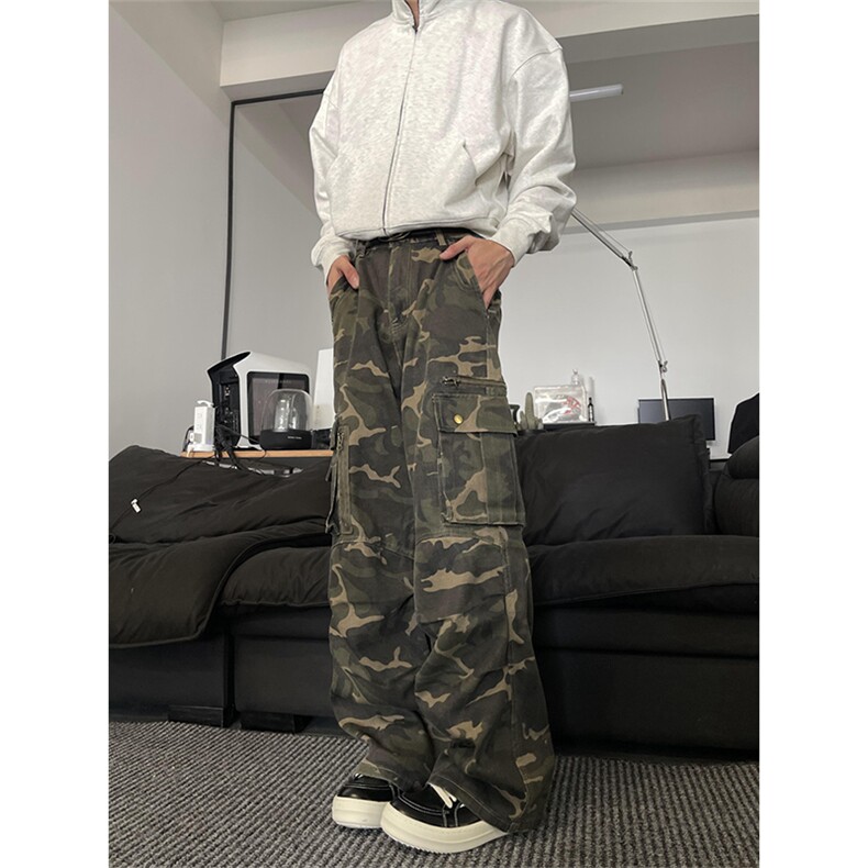 K843-特P58秋冬男女同款迷彩工装裤复古水洗宽松直筒拖地裤,男装工装外套,电商B327