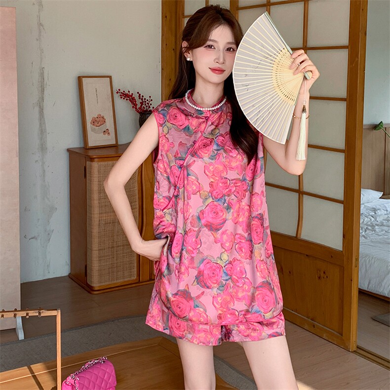 新中式国风套装女2025夏季新款立领盘扣无袖上衣休闲阔腿裤两件套,女装套装/套裙,玖莱伊