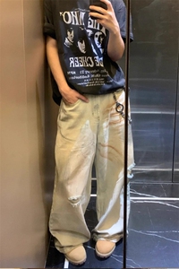 黄泥染水洗做旧破洞宽松牛仔裤废土小众直筒阔腿长裤 NZ480 特P52图片