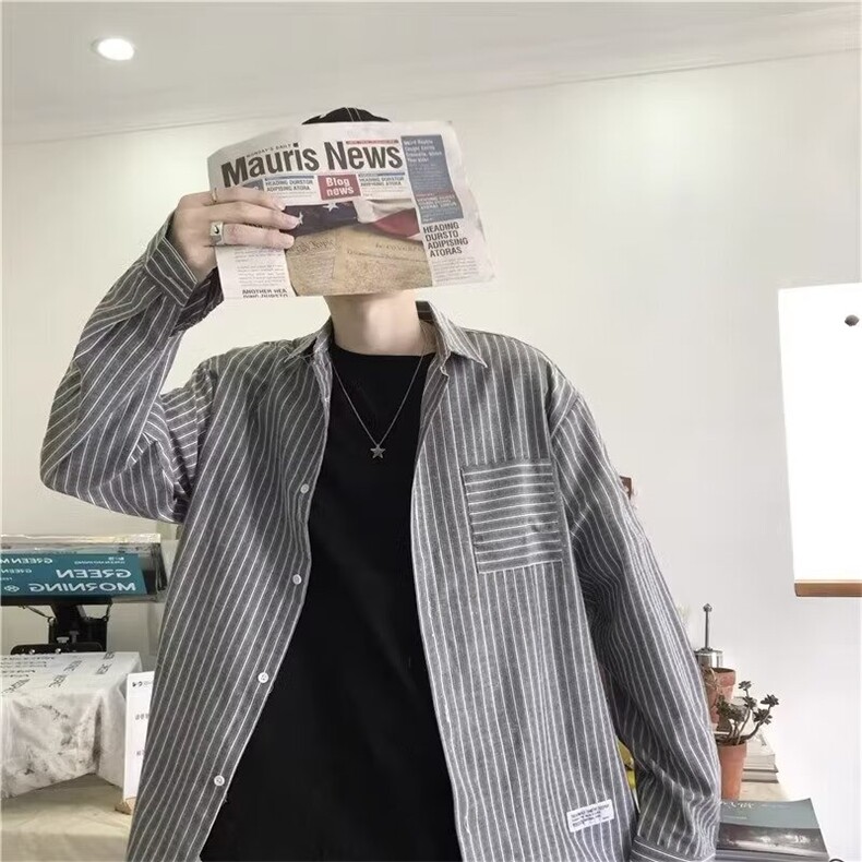 条纹长袖衬衫男港风日系休闲百搭男士衬衣薄款秋季痞帅寸衫外套潮,男装衬衫,星座516A