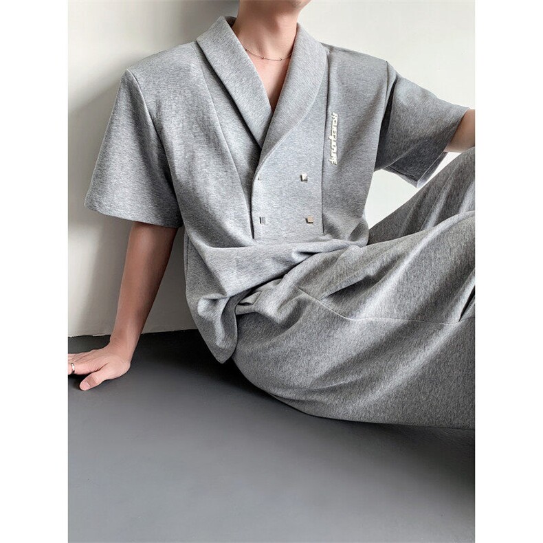 现货！25青果领男垫肩金属扣polo短袖T恤套装TZ21裤子p78衣服p68，男装休闲套装，电商B288