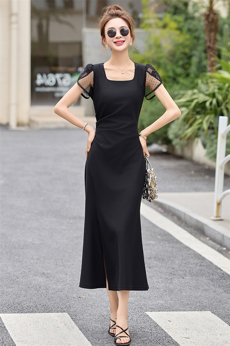 现货高级感夏季时尚蕾丝连衣裙气质显瘦简约大方减龄连衣裙女,女装连衣裙,然然