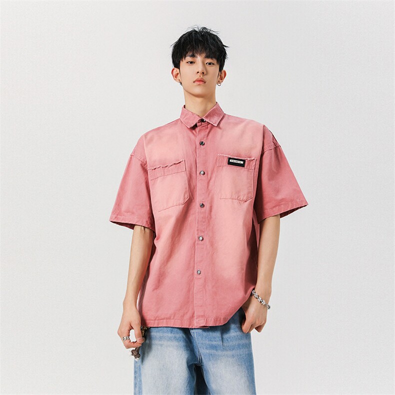 洗水做旧牛仔衬衫粉浅蓝棕水洗棉棉310A-4-CS15-P65，男装衬衫，星座310A-4