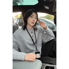 抖音得物品质美式高街重磅曼巴棉拼接cleanfit亨利领卫衣长袖T恤，男装T恤，电商A486-1