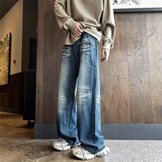 美式复古水洗蓝毛边牛仔裤男直筒宽松坠感阔腿裤嘻哈做旧高街裤子，男装牛仔裤，星座601-2
