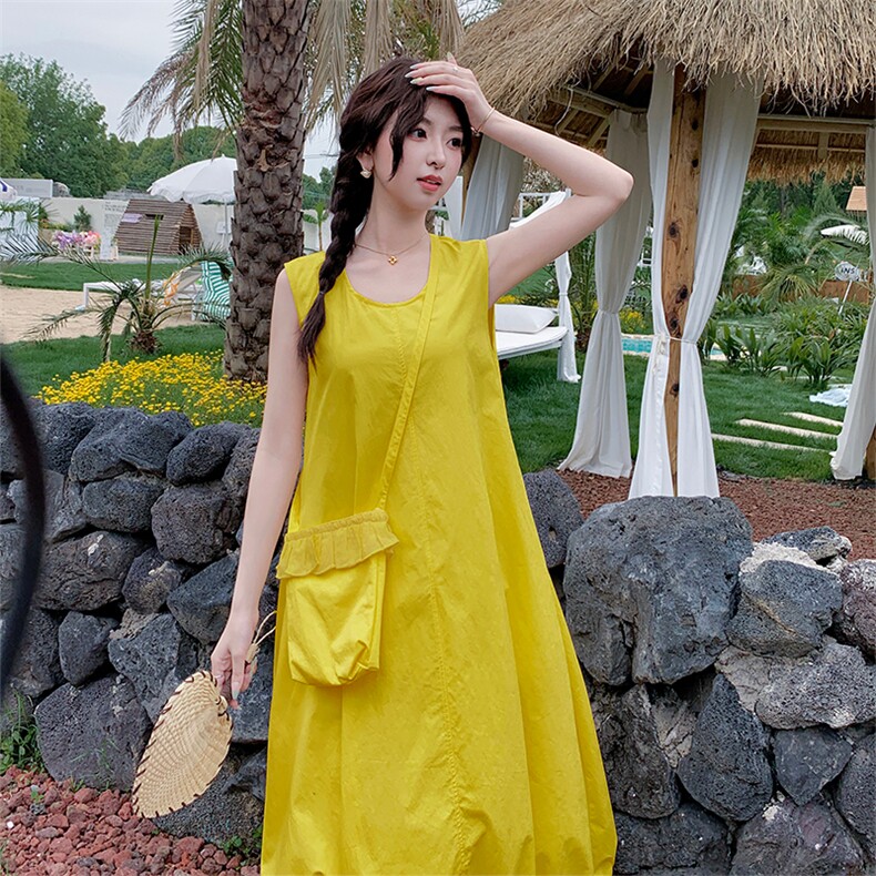 2025夏时尚宽松显瘦圆领无袖下摆拼接网纱配包包减龄连衣裙女,女装套装/套裙,欧黛芙妮