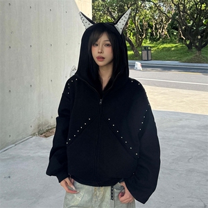抖音得物高品质 26春装美式高街铆钉杜宾犬耳朵开衫卫衣外套W125图片