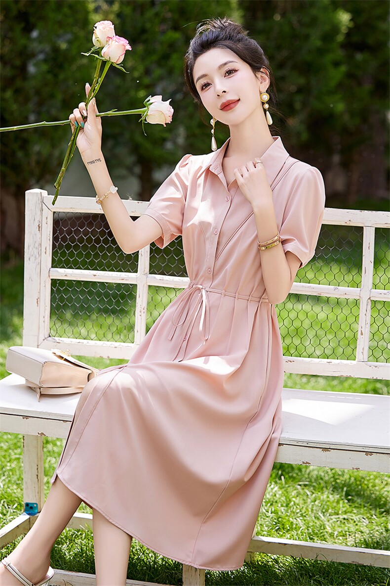 高端时尚小个子百搭衬衫裙女2024夏季新款洋气收腰气质雪纺连衣裙,女装连衣裙,曼琳思菲