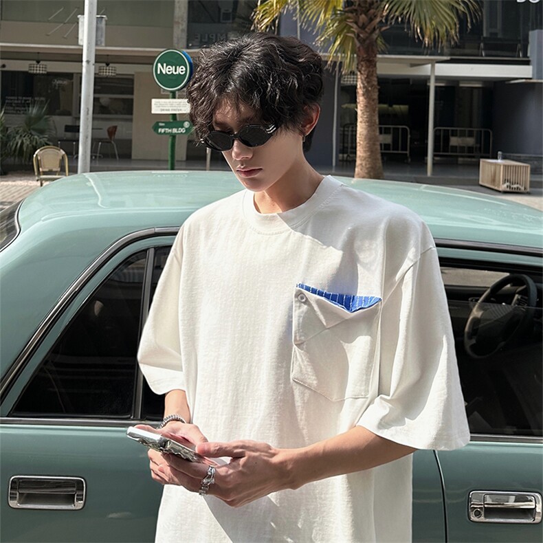 韩式简约短袖T恤设计感T恤美式复古条纹口袋短袖T恤半袖特批30,男装T恤,电商B319