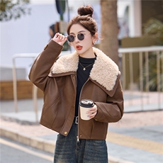 时尚羊羔毛大翻领加棉PU皮衣外套女2025冬季宽松洋气减龄短款棉服，女装棉衣/棉服，依如秀(原杭风阁)