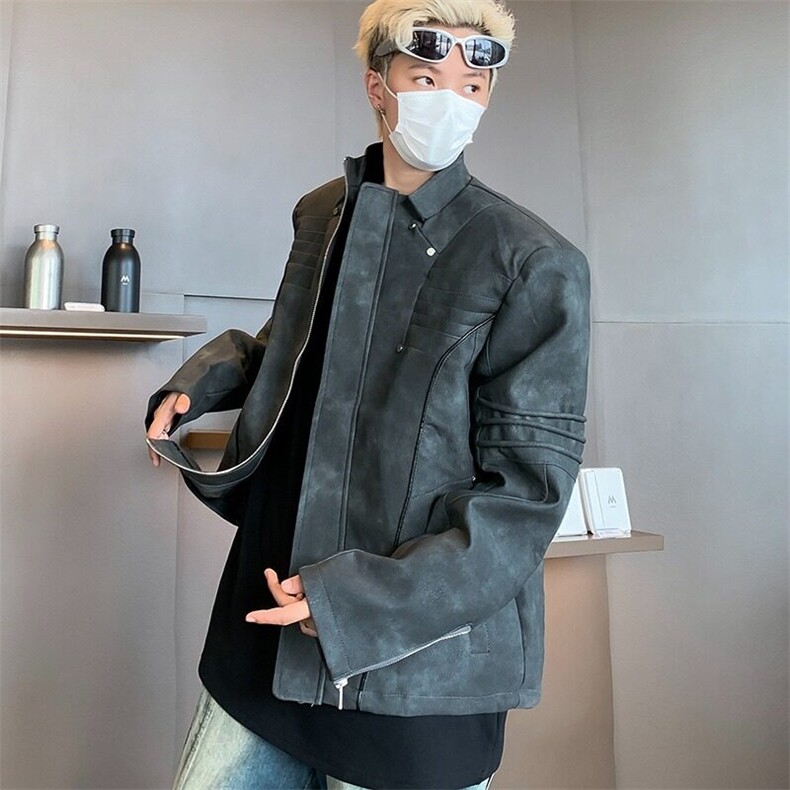 春季做旧皮夹克男士街头机车风垫肩外套廓形潮牌上衣男W6108-P87,男装皮衣,星座412-2