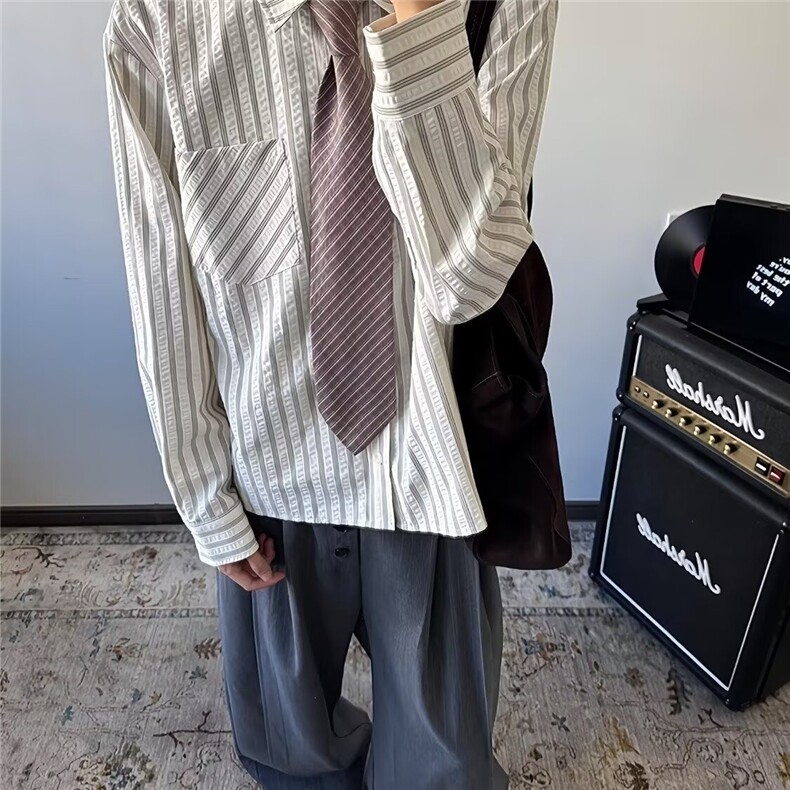 高街条纹泡泡纱衬衫男款春季高级感长袖衬衫cleanfit痞帅衬衫外套,男装衬衫,星座302B