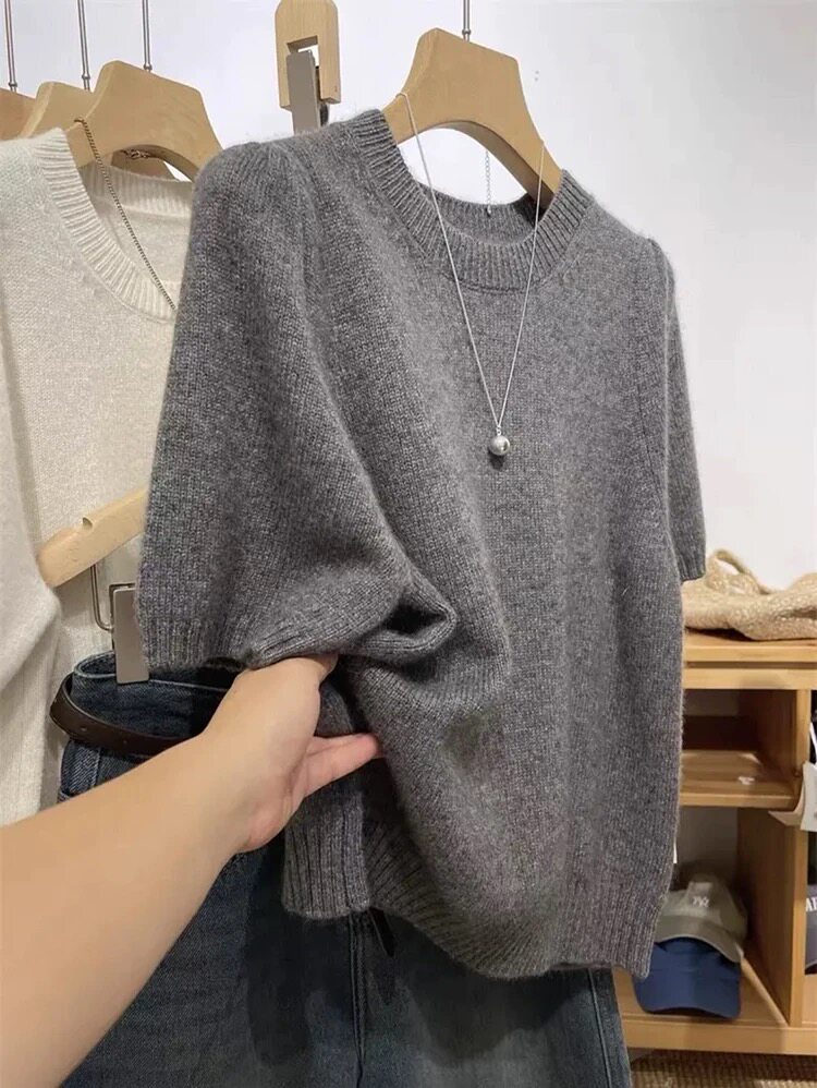 春秋款羊绒衫女圆领五分袖纯色短袖女套头针织中袖羊毛打底衫上衣,女装羊毛衫,恩泰羊绒