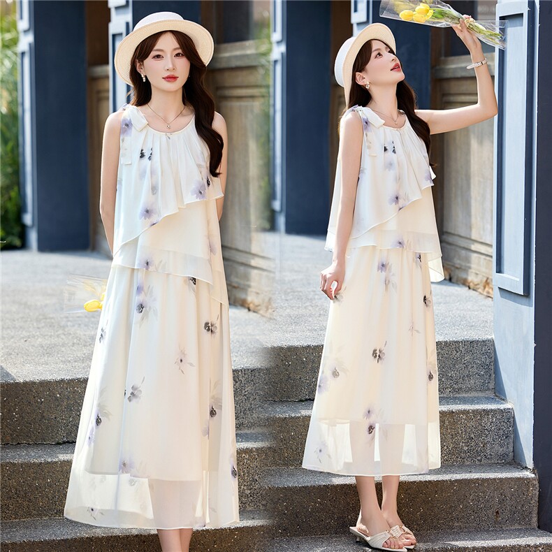 DLM8661白色花朵印花套装女夏无袖上衣半身裙两件套,女装套装/套裙,朵莱米