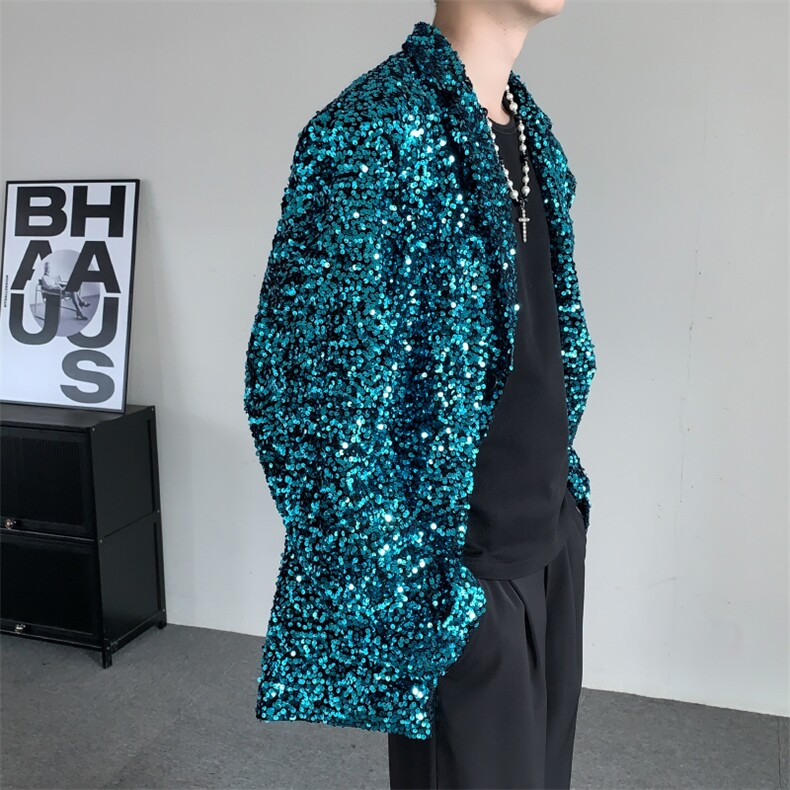 秋装2024蓝色亮片年会演出新中式西服晚会大码男女垫肩西装外套,男装西服,星座909